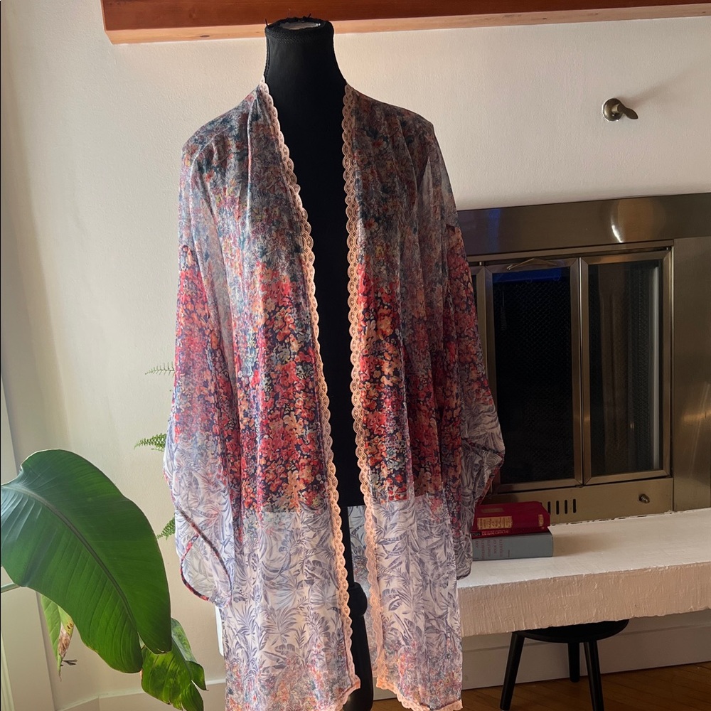Vibrant Victoria Secret Floral Sheer Kimono with Lace Edging